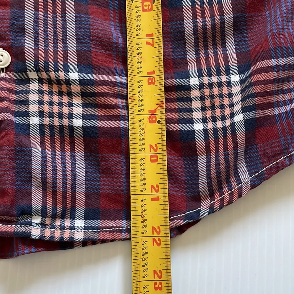 Gap kids burgundy, navy and white plaid button down, cotton shirt.  Boy’s medium